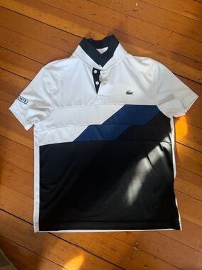 Lacoste Men’s Sport White Navy Black Diagonal Colorblock Polo